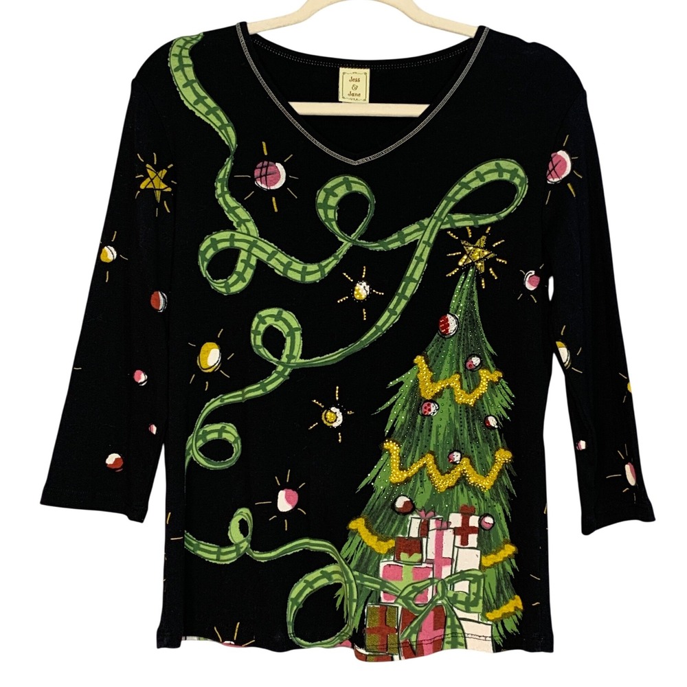 Jess & Jane Christmas Joy Black Tree Gifts V-Neck 3/4 Sleeve Top Women Small